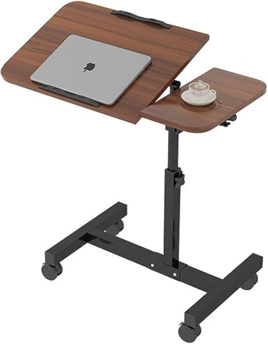 Multifunctional Height Adjustable Table with Wheels | Ultimate Single Workstation, Study Desk, Bedside Table, Recliner Tray Table, Presentation Cart and Laptop Stand | Tilting Tops (Walnut Black)