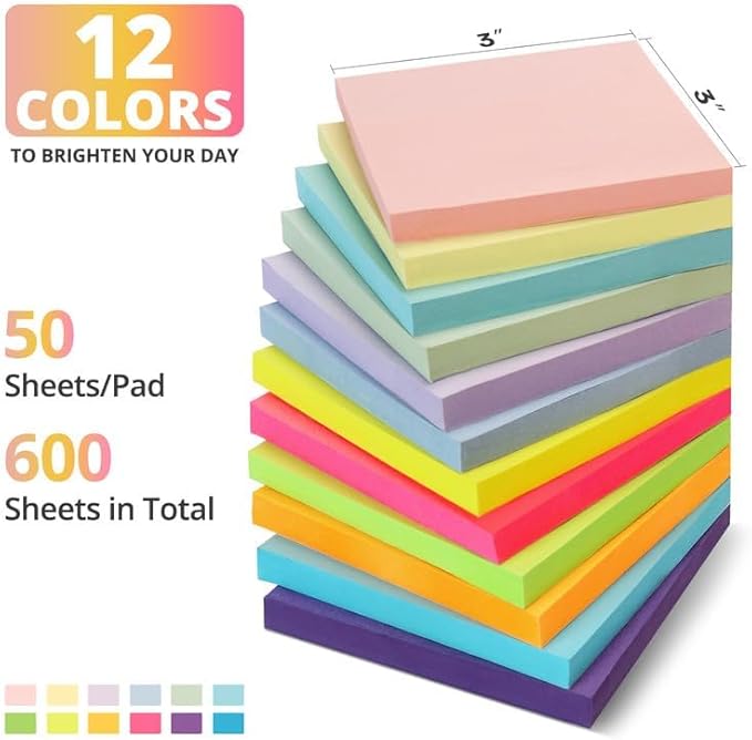 Sticky Notes, 12 Pads, 3x3 inches, Soft Pastel Self-Stick Note Pads, Perfect for Office, Study, and Daily Life Organization - Soft Pastel