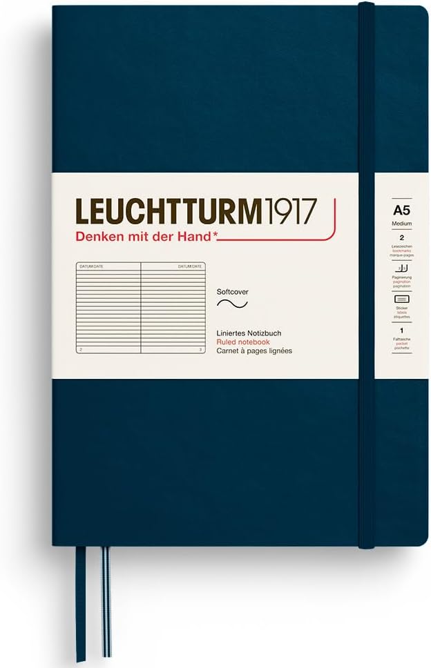 LEUCHTTURM1917 - Notebook Softcover Medium A5-123 Numbered Pages for Writing and Journaling - Thinking Ahead (Ruled Paper, Deep Sea)