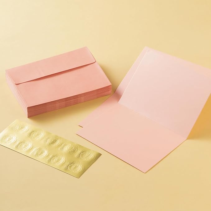 Wishop 50 Pack Shiny Self-Adhesive Envelopes with Shiny Fold Cards for Wedding Invitations, Greeting Cards, Baby Shower, Letter Mailing (Pink, 5x7)