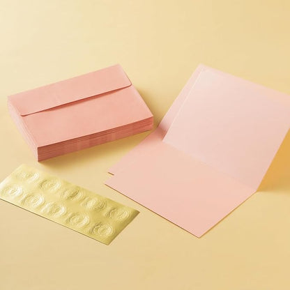 Wishop 50 Pack Shiny Self-Adhesive Envelopes with Shiny Fold Cards for Wedding Invitations, Greeting Cards, Baby Shower, Letter Mailing (Pink, 5x7)