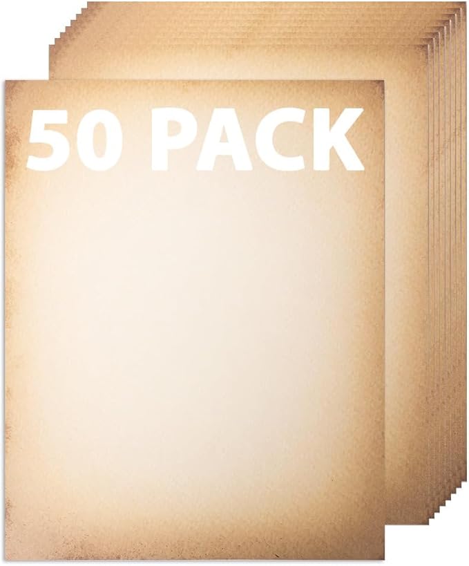 50 Pack Classic Aged Paper | Vintage Stationary Paper | Use for Creating Timeless Writing, Drawing, Sketches, Painting Projects | Ink Jet and Laser Printer Friendly | 8.5 x 11 Inches 50 Sheets