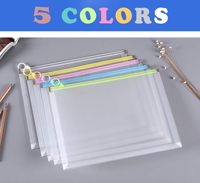 5Packs 9 3/4 x 13 Clear Plastic Zip Envelopes Letter File Document Paper Folder Case Assorted Colors