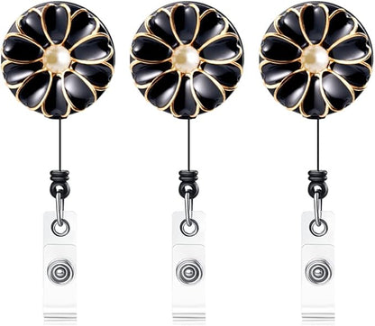 Retractable Badge Holder, ID Badge Reel with Pearl, 3 Pack (Black)