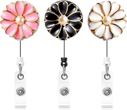 Retractable Badge Holder with Alligator Clip, 24 inch Retractable Cord, ID Badge Reel with Pearl, 3 Pack (Multiple)
