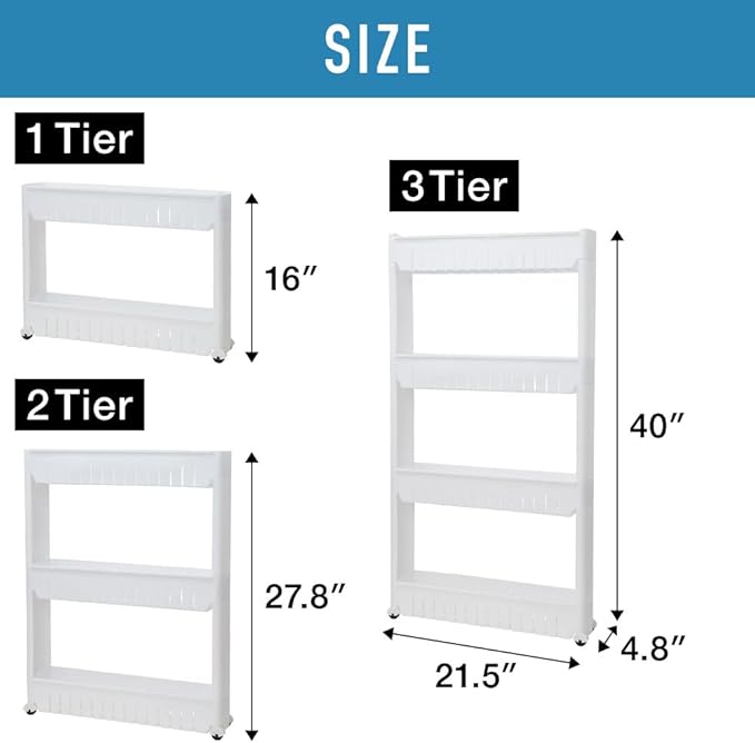 Slim Rolling Storage Cart 4 Tier, Small Plastic Kitchen Laundry Room Cart, Mobile Storage Organizer Shelves, Utility Cart Tower Rack for Bathroom Bedroom (White)