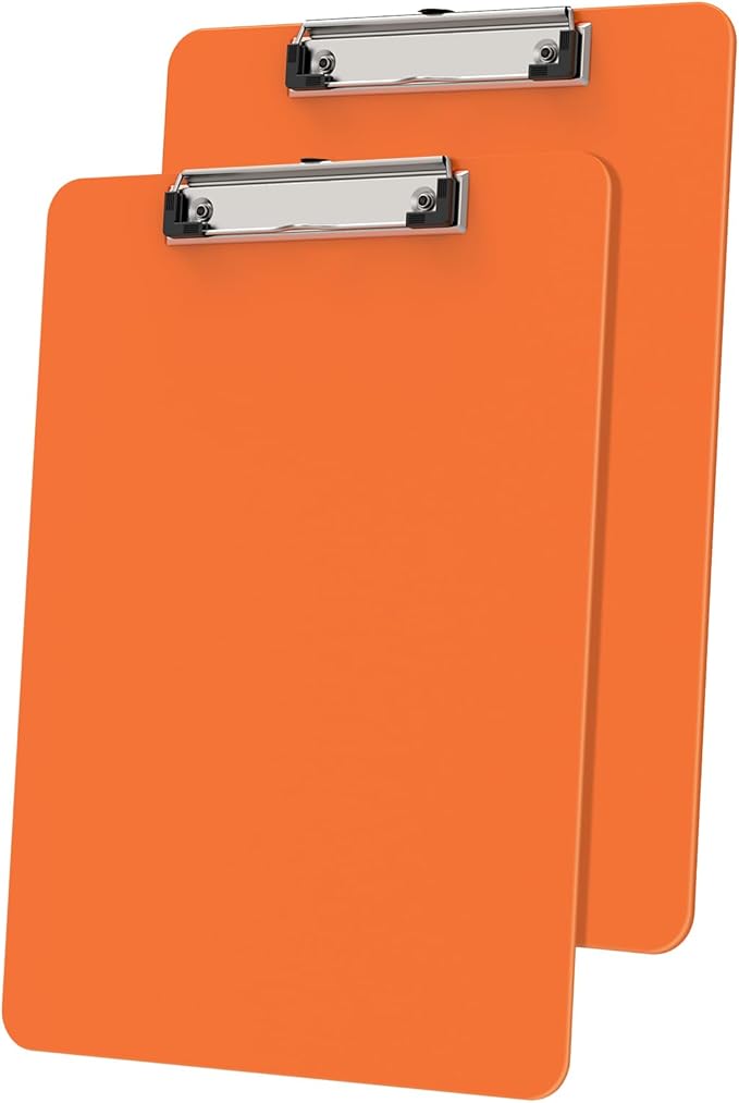 Plastic Clipboards 2 Pack, A4 Orange Clip Board 8.5x11 for Classroom, Students, Kid, Woman, Size 9" x 12.5" with Low Profile Clip, Office & School Supply