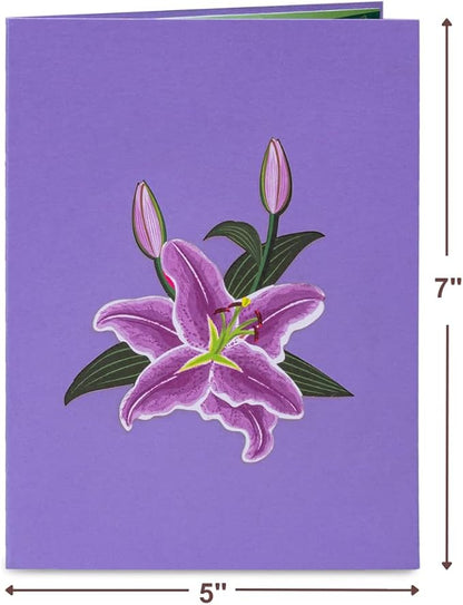 Paper Love 3D Purple Lilies Pop Up Card, Gift for Birthday, Wedding, Anniversary, Mothers Day, Thank You, Get Well, All Occasion or Just Because - 5" x 7" Cover - Includes Envelope and Note Tag