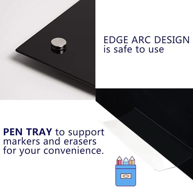 Magnetic Black Glass Board with Eraser Frameless Tempered Glass Dry Erase Blackboard with Marker Tray for Interactive Office, Wall Mounted Frosted Black Glass Board, 48" x 36"