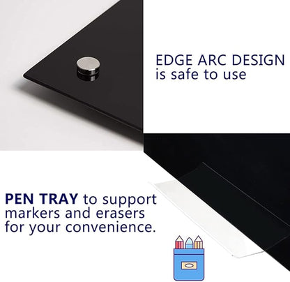 Black Glass Board Frameless Tempered Glass Dry Erase Board with Marker Tray for Interactive Office, Wall Mounted Frosted Glass Whiteboard (Black, 72" x 40")