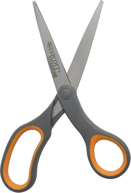 Westcott Titanium Bonded Scissors, Soft Handle, 8", Straight, Gray/Yellow, 6-Pack