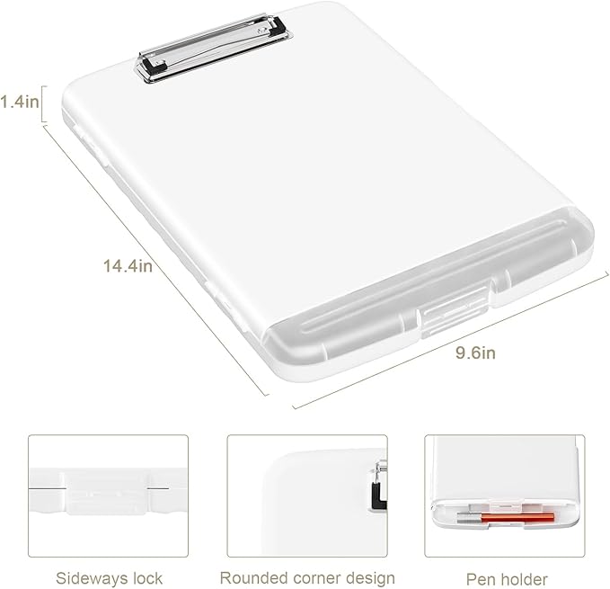 Piasoenc Clipboard with Storage, 8.5 x 11 Organization Box with Pen Holder and A4 Legal Paper Folder, Heavy Duty Plastic, Folio & Side-Opening, Low Profile Clip, for Nurses, Teachers, White