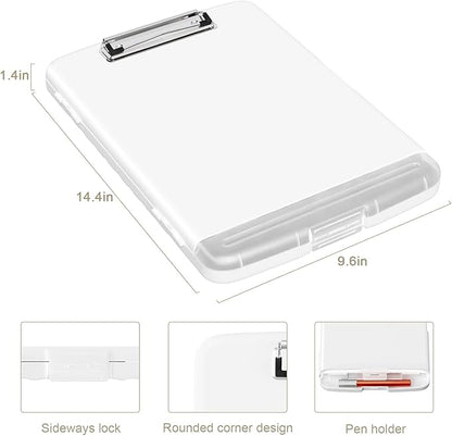 Piasoenc Clipboard with Storage, 8.5 x 11 Organization Box with Pen Holder and A4 Legal Paper Folder, Heavy Duty Plastic, Folio & Side-Opening, Low Profile Clip, for Nurses, Teachers, White