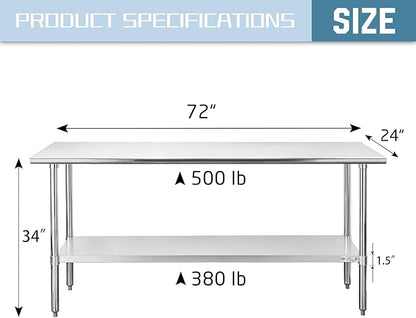 HALLY Stainless Steel Table for Prep & Work 24 x 72 Inches, NSF Commercial Heavy Duty Table with Undershelf and Galvanized Legs for Restaurant, Home and Hotel