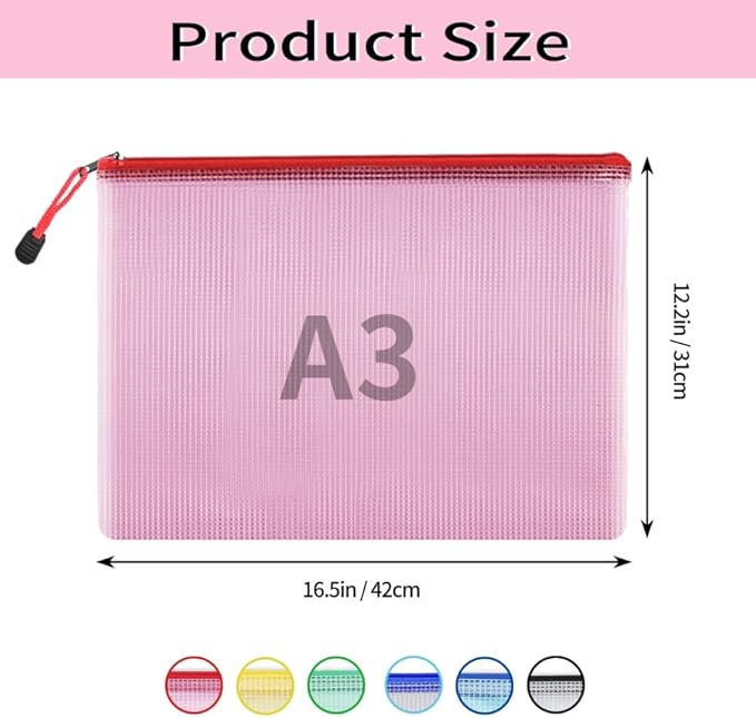 EOOUT 24pcs Mesh Zipper Pouch, A3 Size Board Game Storage 16.6 x 12.2 in Extra Large File Bags 6 Colors Waterproof Zipper Pouches for Travel, Puzzles, Office, and Home Organize