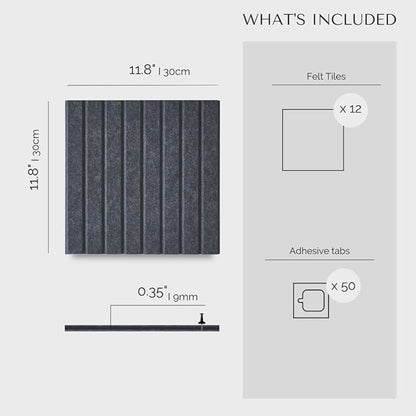 Large Cork Board for Office Black Felt Board Alternative - Slat Wall Paneling, Felt bulletin board tiles for office wall decor, Push pin board Wall organizer for office-12-Pack (Charcoal Gray)
