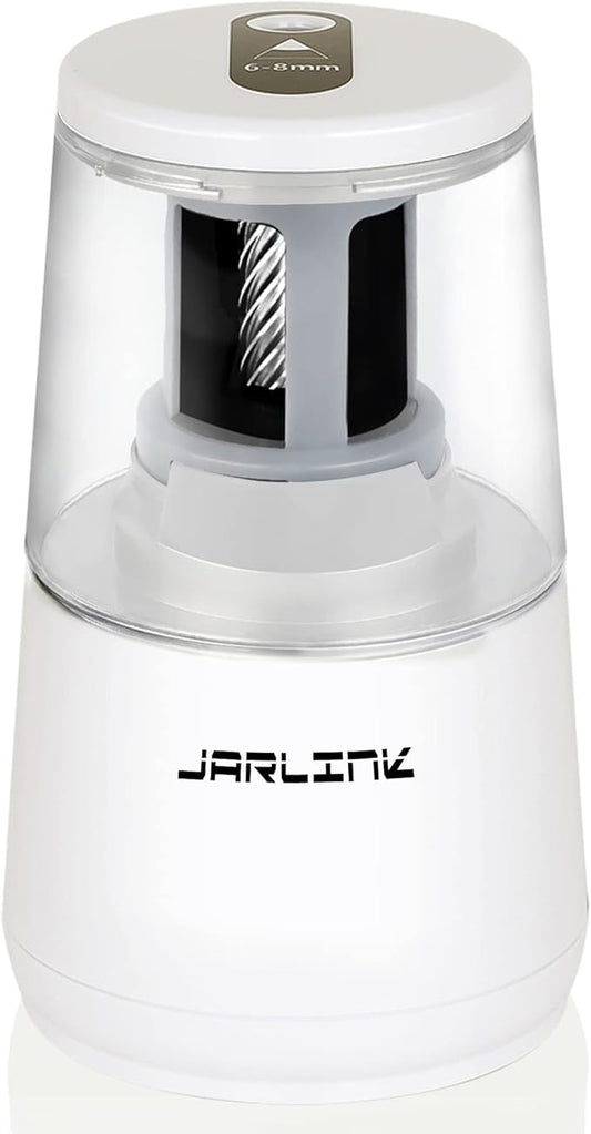 JARLINK Electric Pencil Sharpener, Heavy-Duty Helical Blade to Fast Sharpen, Auto Stop for No.2/Colored Pencils(6-8mm), USB/Battery Operated in School Classroom/Office/Home (White)