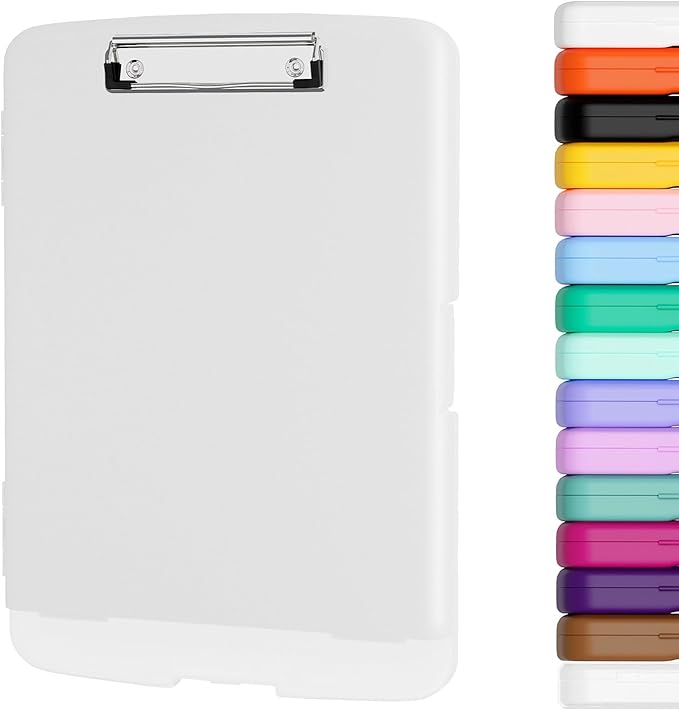 Piasoenc Clipboard with Storage, 8.5 x 11 Organization Box with Pen Holder and A4 Legal Paper Folder, Heavy Duty Plastic, Folio & Side-Opening, Low Profile Clip, for Nurses, Teachers, White