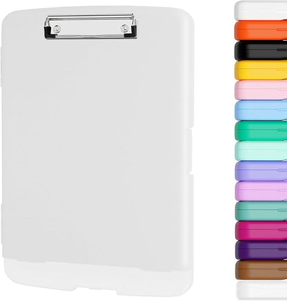 Piasoenc Clipboard with Storage, 8.5 x 11 Organization Box with Pen Holder and A4 Legal Paper Folder, Heavy Duty Plastic, Folio & Side-Opening, Low Profile Clip, for Nurses, Teachers, White