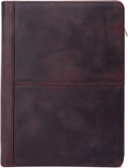 Genuine Leather Portfolio with 3 Ring Binder, Full Grain Leather Padfolio Zippered, A4 Notebook Holder Laptop Sleeve Professional Folder Organizer Gift for Men and Women, Dark Brown