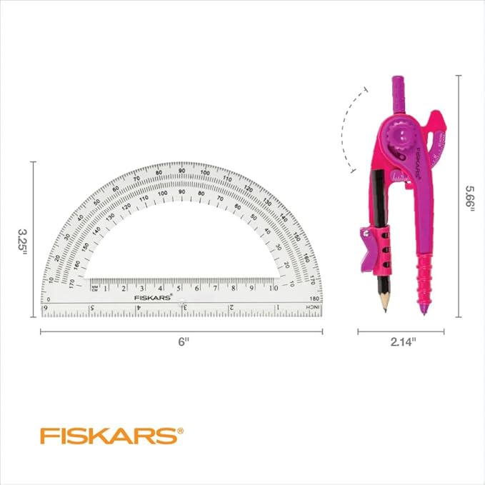 Fiskars Plastic Compass and Protractor Set - Math Geometry Set for Kids 8+ - Back to School Supplies - Includes Pencil - Color May Vary