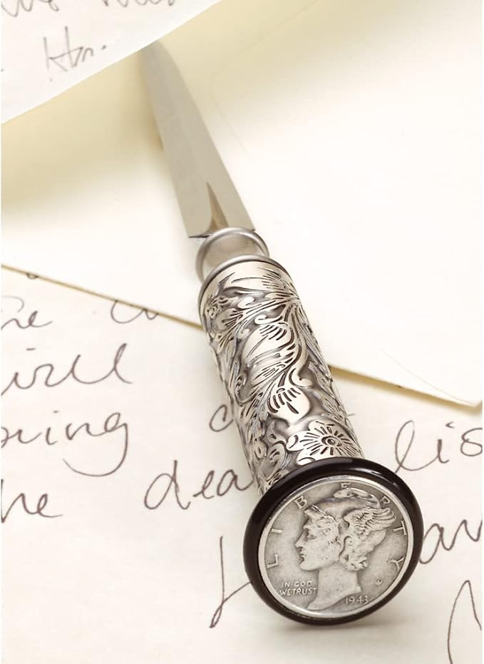 American Coin Treasures Coin Letter Opener Mercury Dime- Antiqued Silvertone Brass Handle-Genuine United States Coin