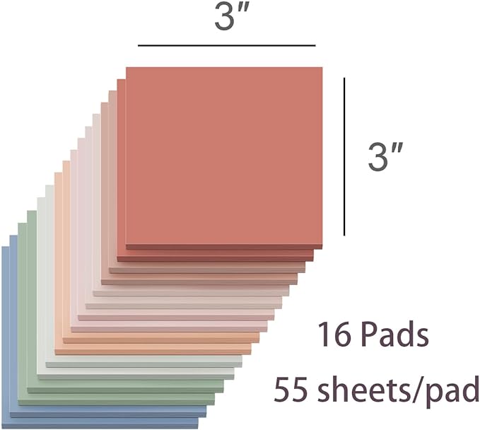 (16 Pack) Sticky Notes 3x3, Vintage Colors, Sticky Pads, Recyclable, Self-Stick Pads, Easy to Post for Home, Office, Notebook