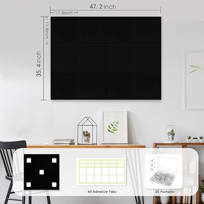 Large Cork Board for Office Wall Decor,48"x36"-12 Pack Felt Wall Tiles with 35 Push Pins, Thicker 0.47in, Felt Bulletin Board Pin Board Cork Boards for Walls - Black
