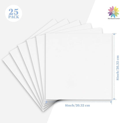 Mat Board Center, 25 Pack 8x8 Corrugated Cardboard sheet, 1/8 inch thick, Flat Cardboard Inserts for Mailing, Packaging & Shipping, Cardboard Backing, Craft Card Board (White on one side)