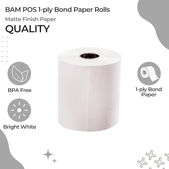 1Ply Bond Receipt Paper Rolls 3 x 150 White Paper for Kitchen Impact Printers TMU200 SRP275 Star SP700 Suitable For Printing Kitchen Tickets and Order receipts 24 Rolls Per Case
