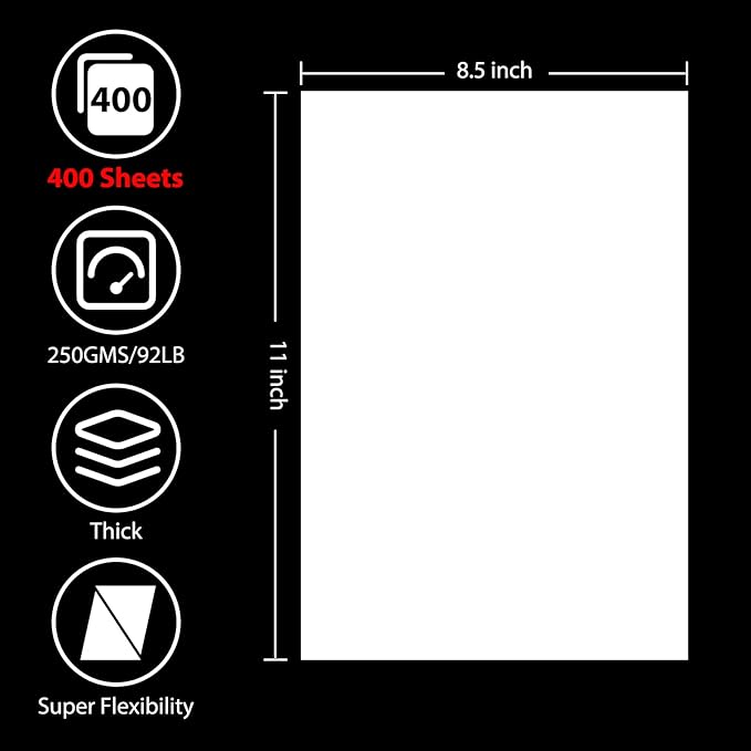 400 Sheets White Cardstock 8.5” x 11”, 92lb/250gsm Card Stock, Thick Card Stock Paper, Heavy Cardstock Paper for Printer, Resume, Scrapbooks, Art, Crafts, Business Cards