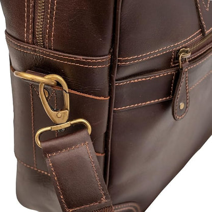 Brown Leather Laptop Bag - Stylish 16 Inch Computer Case for Men and Women - Genuine Leather Briefcase with Multiple Pockets and Shoulder Strap