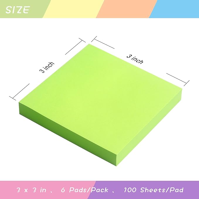 Sticky Notes 3x3 Self-Stick Notes Pads with 6 Bright Colors, Easy to Post for Office, Shool, Home, 6 Pads/Pack, 100 Sheets/Pad(Green)