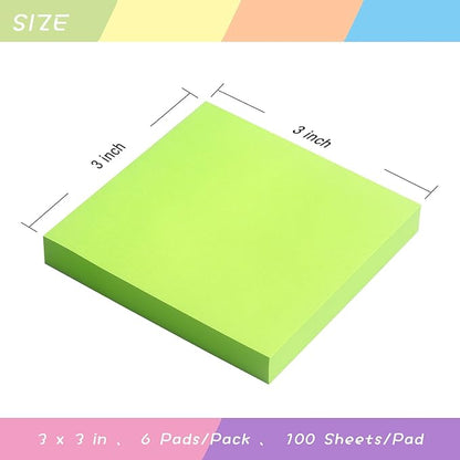 Sticky Notes 3x3 Self-Stick Notes Pads with 6 Bright Colors, Easy to Post for Office, Shool, Home, 6 Pads/Pack, 100 Sheets/Pad(Green)