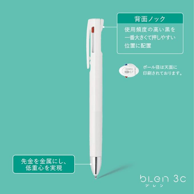 Zebra 3 Colors Ballpoint Pen, Blen 3C 0.5mm, Blue Green Body (B3AS88-BG)