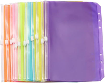 Colorful PVC Binder Pockets 12pcs A5 Binders Zipper Pouch Bag Loose Leaf 6 Holes PVC Zip Organizer Folder for Journal Budget Filing Pocket Bags