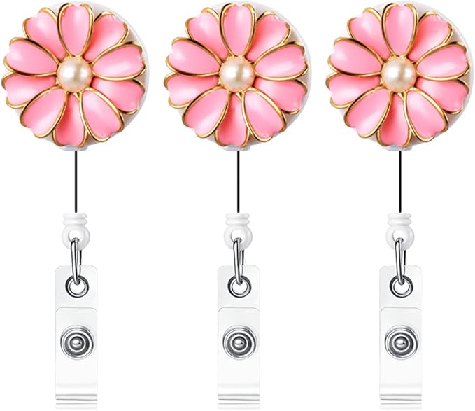 Retractable Badge Holder, ID Badge Reel with Pearl, 3 Pack (Pink)