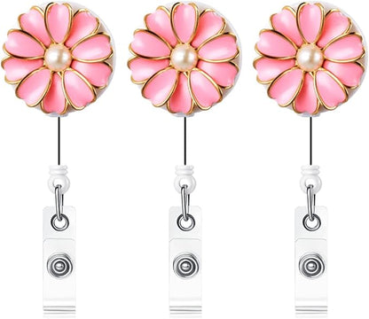 Retractable Badge Holder, ID Badge Reel with Pearl, 3 Pack (Pink)