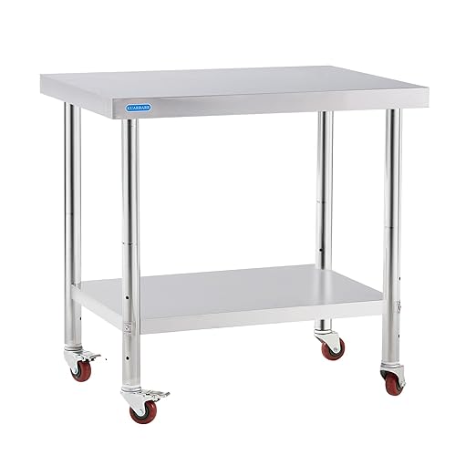 Stainless Steel Table for Prep & Work with 4 Caster Wheels with Undershelf 30 x 36 NSF Metal Commercial Kitchen Adjustable Under Shelf Worktable for Restaurant Home Outdoor