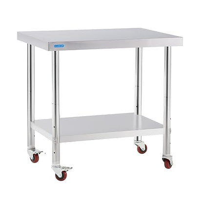 Stainless Steel Table for Prep & Work with 4 Caster Wheels with Undershelf 30 x 36 NSF Metal Commercial Kitchen Adjustable Under Shelf Worktable for Restaurant Home Outdoor
