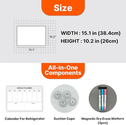 GEEKBEAR Dry Erase Refrigerator Calendar with 3 Markers - Attachable to Any Fridge with Special Suction Cups - Monthly and Weekly Designs, Acrylic - 15.7" x 10.6" (02. Modern Gray, Weekly)