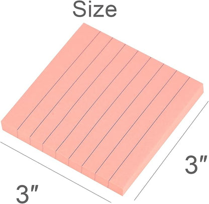 Vanpad Lined Sticky Notes 3x3 Inches, Bright Pink Ruled Self-Stick Pads, Easy to Post for Home, Office, Notebook, 8 Pads/Pack