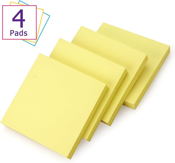 Sticky Notes 3x3 Self-Stick Notes Bright Colors Sticky Notes 4 Pads 100 Sheets/Pad (Yellow)