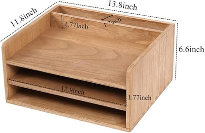 3 Tier Desktop Letter Tray for Office Desk Organizer and Accessories - Wood File Folder Holder for Paper Document Organizer Mail Sorter Workspace Counter Storage Book Shelf Light WJJ3K-LT