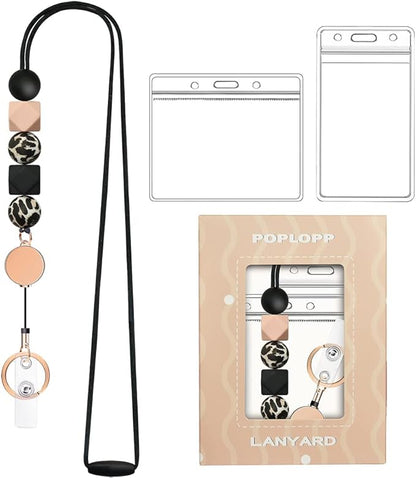 Retractable Lanyards for ID Badges and Keys, Cute Breakaway Teacher Lanyard with Badge Holders and Reels, Silicone Beaded Lanyard for Women, Nurses, Office with 2 Waterproof Card Holders