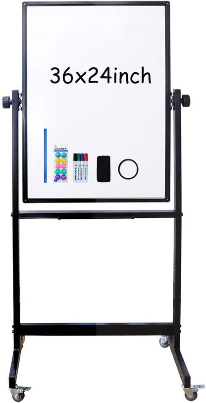 XIWODE Double-Sided Magnetic Dry Erase Board，36 X 24 Inch Mobile Whiteboard on Wheels with Rolling Stand, Black Aluminum Frame
