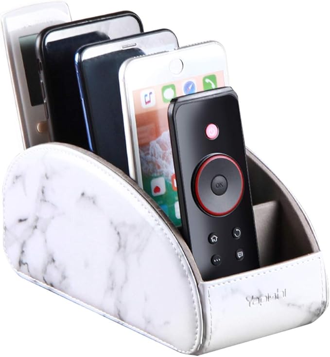 All-in-One Leather White TV Remote Holder with 5 Compartments Nightstand Desktop Media Player Remote Caddy Storage Box Organizer Tray for Mobile Phone Office Stationery