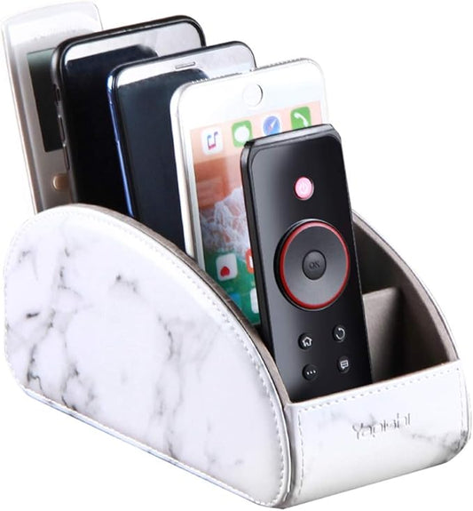 All-in-One Leather White TV Remote Holder with 5 Compartments Nightstand Desktop Media Player Remote Caddy Storage Box Organizer Tray for Mobile Phone Office Stationery