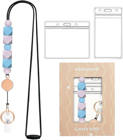Retractable Lanyards for ID Badges and Keys, Cute Breakaway Teacher Lanyard with Badge Holders and Reels, Silicone Beaded Lanyard for Women, Nurses, Office with 2 Waterproof Card Holders