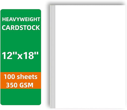 100 Sheets White Cardstock Thick Paper - Blank Heavy Weight 350gsm Cover Card Stock for Invitations,Stationery Printing,Scrapbooking,Crafts,DIY Cards, Paper Crafting (12x18 Inches)